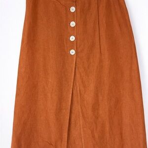 Zara Linen Button Front Midi Skirt Rust Brown Shell Buttons Size XL